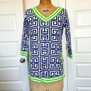 Gretchen Scott Geometric V-Neck Tunic Blouse Top Womens XS Extra Small Blue